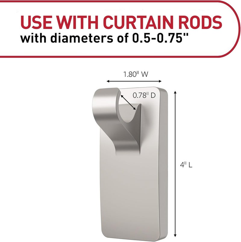 Command 10 lb Satin Nickel Curtain Rod Hooks, 2 Hooks and 4 Strips, No Drilling Christmas Decorations, Use with Rod Diameters 0.5-0.75" - Image 2
